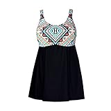 LJF Women's Retro Vintage Patchwork Plus Size Push Up Swim Dress Bathing Suit(FBA)
