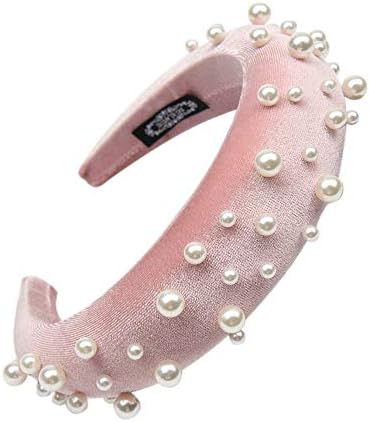 Velvet Padded Headbands Pearl Womens 90s Black Hair Accessories Statement Fashion Retro Grace Elegant Wide Plastic Hairbands For Woman (light pink)