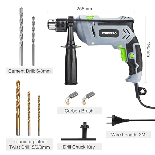 WORKPRO 850W Hammer Drill, Electric Drill with Cable, Impact Drill with 360° Rotating Handle, 3000 RPM, Variable Speed Button