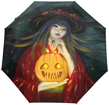 Halloween Theme Anime Painting Auto Umbrella Open Close Windproof Witch Girl Forest Pumpkin Lantern Travel Umbrella Lightweight Compact Parasol Umbrellas Sun & Rain 5021067