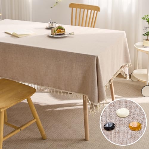 JoalGfda Mantel de Lino Impermeable al Aceite y Resistente a Las Manchas, Estilo Borla, Adecuado para la decoración de la Mesa Familiar Fiesta de Vacaciones etc (Color té lechoso)