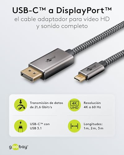 goobay USB C to DisplayPort 1.2 Cable 4K@60Hz Type C Thunderbolt 3/4 to DP USB 3.1 Cable Compatible with Mac Book, iPhone, Surface / 1m/ Textile Cable / 75707