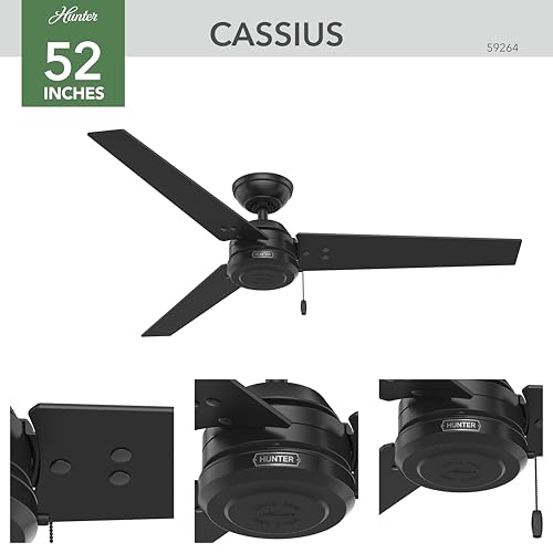 Hunter Cassius, Outdoor or Indoor, Ceiling Fan, 52 inch, Matte Black | No Light, Standard Mount, Pull Chain, 3 Blades, For Living Room, Patio, Porch, Garage, 59264