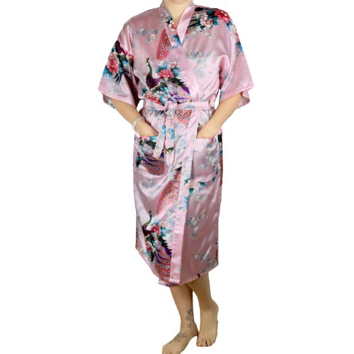 Silky Satin Kimono Robe for Women, Peacock Blossom, Long - Baby Pink - Large