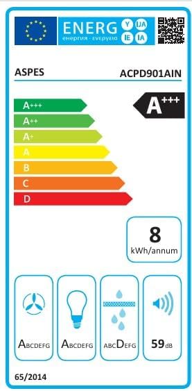 Hotte d’extraction décorative inclinée 90 cm, verre blanc, ACPD901AIN. Puissance 370m3/h, 3 vitesses, 2 filtres, niveau de bruit de 59 dB, contrôle tactile, compatible avec le lave-vaisselle