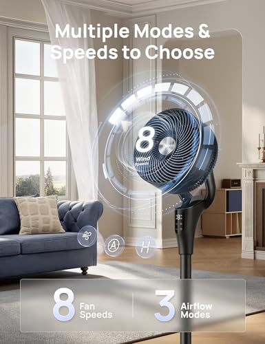 DREO Fan for Bedroom, 80° Oscillating Standing Fan, 25dB Quiet, 80ft Pedestal Fans for Home Office, 90° Manual Vertical, 3 Speeds, Remote, 34-41" Adjustable Height, Air Circulator