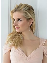 Aretes clásicos, delgados y colgantes con perlas de agua dulce de la marca Mariell Slender, estilo vintage color oro rosa CZ, para novia