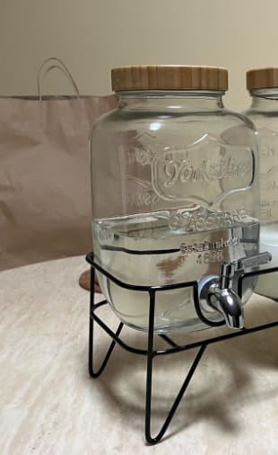 Photo 1 of 1 Gallon Glass Drink Dispenser with Bamboo Lid, 2 Pack Beverage Dispenser with Stand, Drink Machine for Lemonade, Iced drinks, Kombucha Dispenser for Parties, Weddings