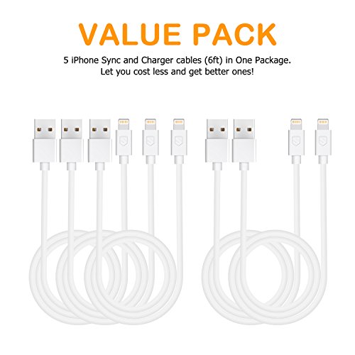 iPhone Cable, Sundix iPhone Charger 5Pack 6FT Lightning to USB Cable 8-Pin Charging Cord for iPhone X/ 8/ 8 Plus/ 7/ 7 Plus/ 6/ 6s Plus/ SE/ 5/ 5s/ 5c, iPad, iPod and More - White