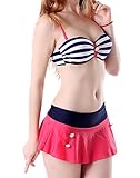 HDE Women Vintage 50s Pinup Girl Rockabilly High Waist Retro Bikini Swimsuit Set (Striped Top with Pink Shirt, Medium)