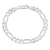 6.5mm Real 925 Sterling Silver Beveled Italian Figaro Nickel Free Chain Bracelet + Bonus Polishing Cloth