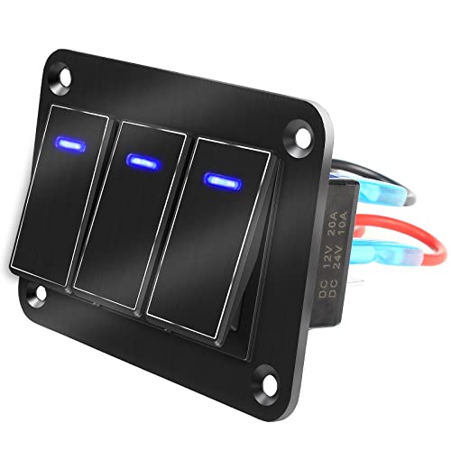 Rocker Switch Panel 3 Gang Aluminum Toggle Switch Panel, 12V/24V Switch Panel, 3 Pin OnOff