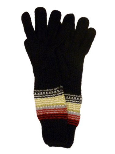 Fownes Womens Long Black Knit Gloves Red & Gray Stripes