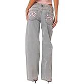 Zempertoopa Women’s Y2K Baggy Jeans Wide Leg Straight Grunge Denim Pants High Waist Casual Loose Cargoes Trouser Streetwear (Blue & Pink Bow, S), Small