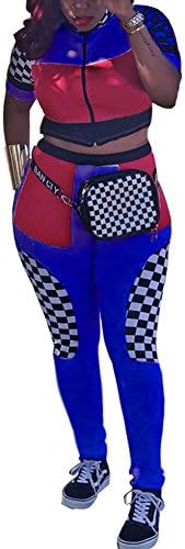 Women Tracksuit 2 Piece Outfits Short Sleeve Jacket Bodycon Long Pants Set Sweatsuit Blue XL