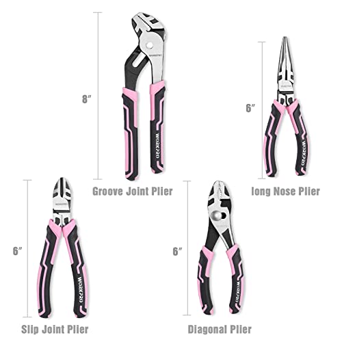 WORKPRO 4-Piece Pliers Set, Premium CR-V Construction Pliers Tool Sets Including Long Nose, Diagonal Cutting, Groove Joint and Slip Joint Pliers(Pink Ribbon)