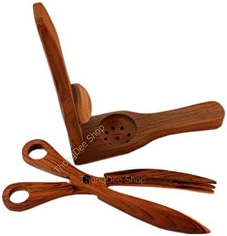 Salad Scissor Tongs Spoon Fork with Lemon Lime Squeezer Teak Wood Wooden Cooking Utensils Set