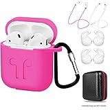 AirPods Case 7 in 1 for Airpods 1&2 Accessories Kits Protective Silicone Cover for Airpod Gen1 2 (Front Led Visible) with 2 Ear Hook /2 Staps/1 Clips Tips Grips/1 Zipper Box Rose Red (amasing)