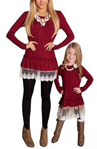 Qin.Orianna Mommy and Me Long Sleeve Scoop Collar Floral Lace Splicing Loose Blouse Tops