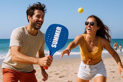 Pair of Summer Padel Beach Tennis Rackets with Soft Ball Set Wooden Rackets Sea, Beach and Garden, Beach Rackets