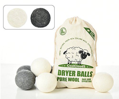 Wool Dryer Balls - 100% Organic Wool, 6 Pack XL Natural Fabric Softener, Handmade Laundry Dryer Ball Reduce Wrinkles, Static Cling, Hypoallergenic, Chemical Free, Non-Toxic Reusable (3white+3gray)