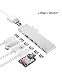 Purgo USB C Hub, Adaptador de tipo C Hub de aluminio Dongle para 2016 2017 Macbook pro 13"&15" 4 K HDMI, 40 GBS Thunderbolt 3 5 K  60Hz, USB C de datos, 2 USB 3.0 y lectores de tarjetas de SD Micro, Plateado