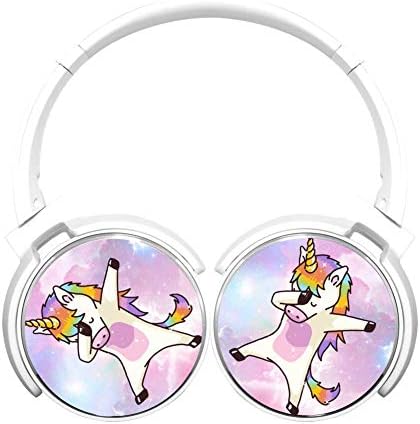 Dab Unicorn Rainbow 3D Printed Wireless Retractable Bluetooth Headphones Headsets Over Ear For Kids Or Adults White