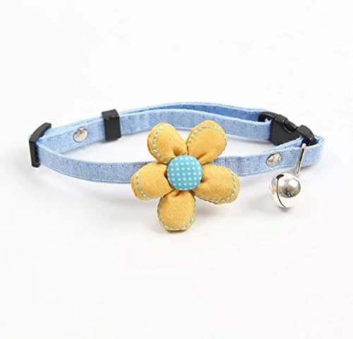 [Hello Genki Handmade] New Design Premium Quality Safe Cat Collar with Bell and Flower, Super Cute, Adjustable Length, Perfect Gift for Your Cat (Blue Collar with Yellow Flower)