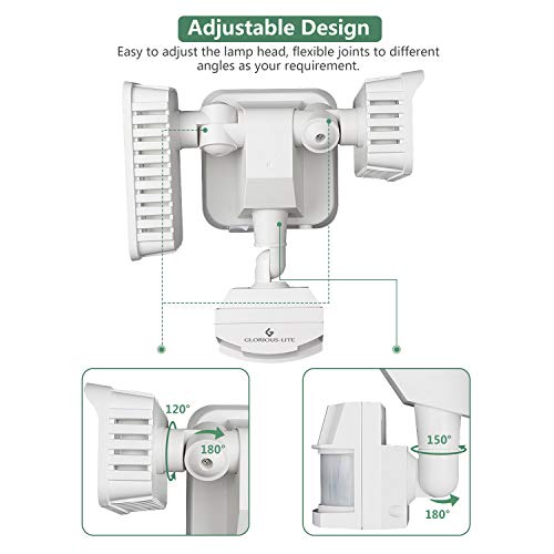 GLORIOUS-LITE Solar Security Light Outdoor, 1500LM Solar Motion Sensor LED Light with IP65 Waterproof, 6000K, Flood Light with 2 Adjustable Heads for Backyard, Pathway and Patio