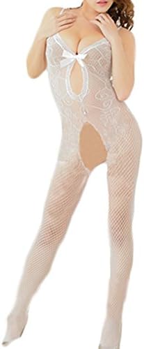 Women Sexy Mesh Lingerie Hollow-Out See Through Fishnet Babydoll For Nightwear Sleepwear (White)