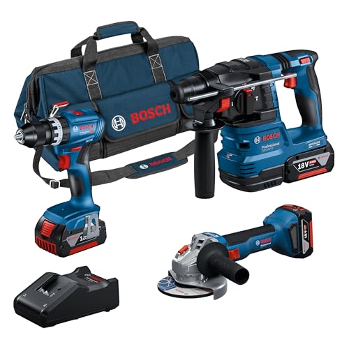 Bosch Professional 18V System combo-kit sans-fil : GSB 18V-45 + GBH 18V-22 + GWS 18V-8 (avec 3 batteries GBA 4.0Ah, GAL 18V-40, sac à outils) - Édition Amazon Exclusive