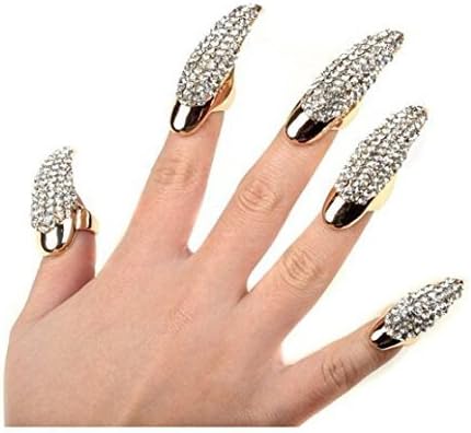 False Nail Punk Style Clear Crystal Claw Paw Talon Finger RING Knuckle Bend Fingertip Finger Claw Ring Set of 5 Pcs (Gold) by andimoyi