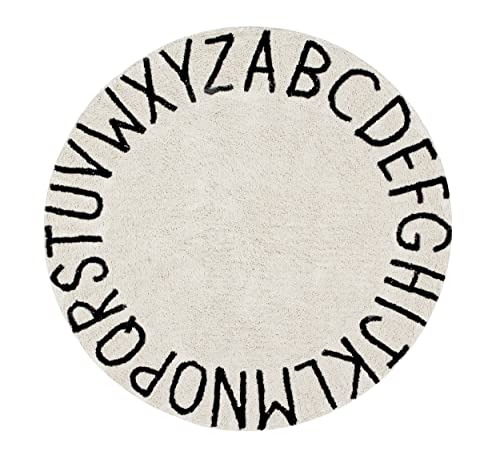 Lorena Canals Washable ABC rug for children's room or bedroom in natural/black. Handmade in round shape with cotton and non-toxic dyes - Ø150cm