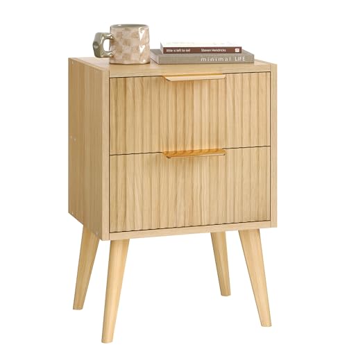 YAUKOMEL Nightstand with 2 Drawers,Fluted Bedside Table,Natural Wood Night Stand,Light Wood Side Table with Solid Wood Legs,End Table for Living Room,Bedroom,Small Space Natural CAACTG55Y