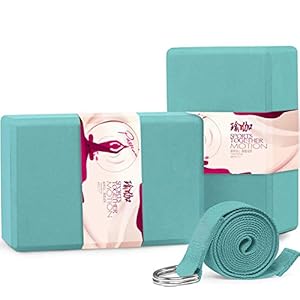 Yoga Block 2 Pack and Yoga Strap Set, 3″ Thick High Density EVA Foam Block to Support and Improve Poses and Flexibility