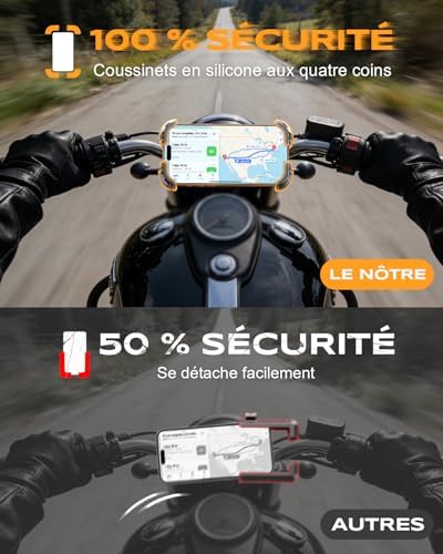 Support Telephone Velo, [1s Verrouillage Sécurisé] Support Telephone Moto 360° Rotation, Porte Telephone Velo pour Trotinette Electrique/Scooter/VTT, Embout de Guidon Moto, 4,7-6,8” Smartphone