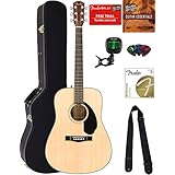 Fender CD-60S Dreadnought Acoustic Guitar - Natural Bundle with Hard Case, Tuner, Strap, Strings, Picks, Austin Bazaar Instructional DVD, and Polishing Cloth