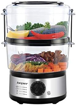 Beper - Cuiseur à Vapeur Multicombustion de 5L, Économiseur d'Espace, Minuterie de 60 minutes, Cuisson à la Vapeur Saine, Puissance 400-500W - Argent / Noir - Cuisine A Vivre Beper - Cuiseur à Vapeur Multicombustion de 5L, Économiseur d'Espace, Minuterie de 60 minutes, Cuisson à la Vapeur Saine, Puissance 400-500W - Argent / Noir