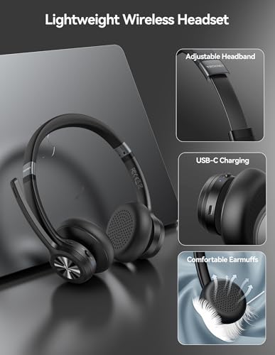 TECKNET Bluetooth Headset Wireless Headset with Microphone Noise Canceling, 50H Playtime & Mute, Wireless Headphones with Mic Bluetooth 5.2 On-Ear Headphones for Trucker Cellphone Office Call Center