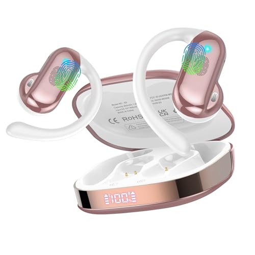 Wireless Earbud Bluetooth 5.4 Open Ear Headphones with Ear Hooks, 42H HiFi Stereo Open Ear Headphones with Clear Calls, IPX7 Waterproof Lightweight Sport Earphones for Sport/Running/Gym/Rose Gold