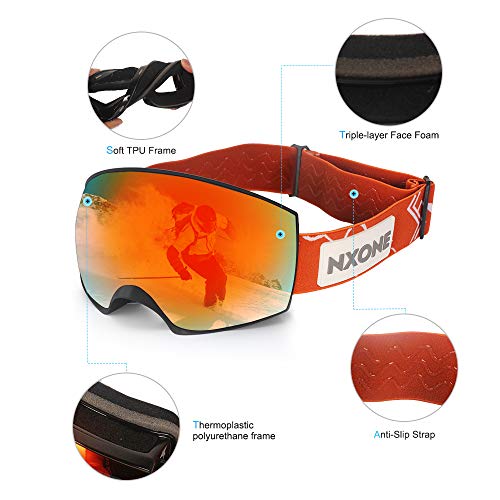 NXONE Snow Goggles Anti-Fog UV Protection Snowboard Goggles with Interchangeable Dual Layer Lens Ski Goggles for Men Women Black Frame with Red Lens