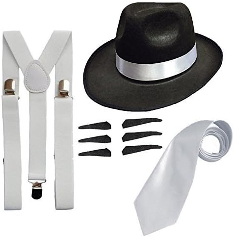 RS FASHIONS Men's Deluxe Gangster Fancy Set Trilby Hat + Suspender Brace +Tie Men: One Size Black Hat