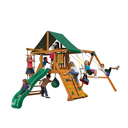 Gorilla Playsets 01-1033 Ozark II Wood Swing Set with Green Vinyl Canopy, Rock…