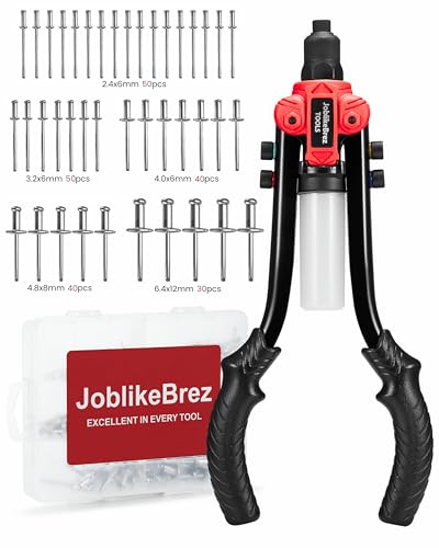 JoblikeBrez Professional Rivet Pliers Riveter Set with 210 Blind Rivets (2.4-6.4 mm) Large 33 cm Blind Riveter with Collection Container Heavy Duty Riveter for Car, Metal and DIY Work