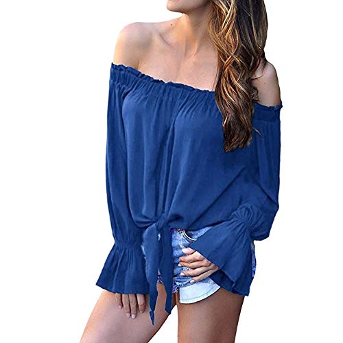 Realdo Women's Slash Neck Tops, Ladies Casual Striped Off Shoulder Waist Tie Blouse Short Sleeve T Shirts