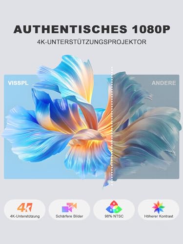 Smart Mini Beamer 4k [Offiziell Lizenzierter APP ] VISSPL 3200ANSI 4K Heimkino & Outdoor Beamer, Autofokus/Trapezkorrektur, WiFi6 Bluetooth Full HD 1080P Video Projektor für Handy/PC
