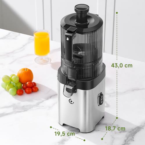 AMZCHEF Juice Extractor, Slow Juicer with XL Opening of 158MM, Capacity of 2.5L, Cold Pressed Blender for Whole Fruits and Vegetables, Stainless Body, Easy Assembly and Cleaning, Silver/Black