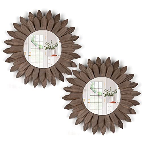 Honiway Boho Wall Decor Mirror 12 inch 2 Pack Wall Mirrors Decorative with Rustic Wood Sunburst Framed for Wall Decoration Room Decor Farmhouse Home Decor Weathered Walnut