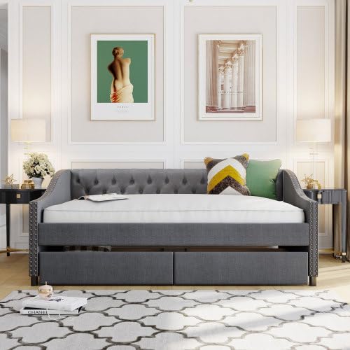 Photo 1 of PVWIIK Upholstered Full Size Daybed with 2 Storage for Bedroom Living Room,Wood Daybed Frame w/Wood Slat Support & Button Tufted Backrest,No Spring Box Need,Grey