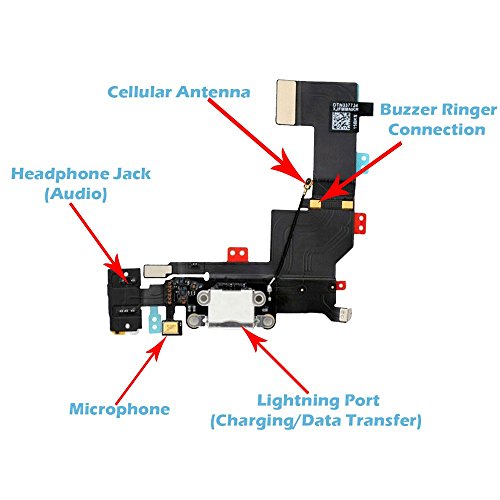 Omnirepairs Charging USB Dock Port Flex Cable Replacement with Microphone, Headphone Audio Jack Assembly Compatible for iPhone 5s Model with Repair Toolkit (White)